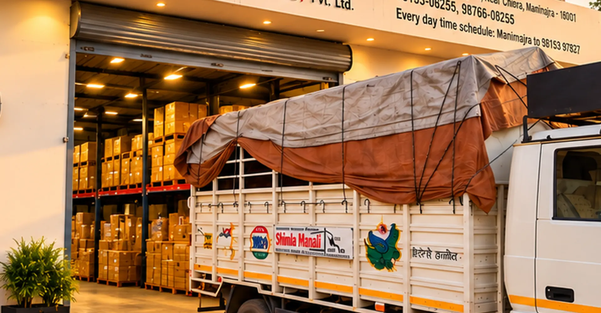 Secure goods godown with parcels stacked for part-load and full-truck-load transport